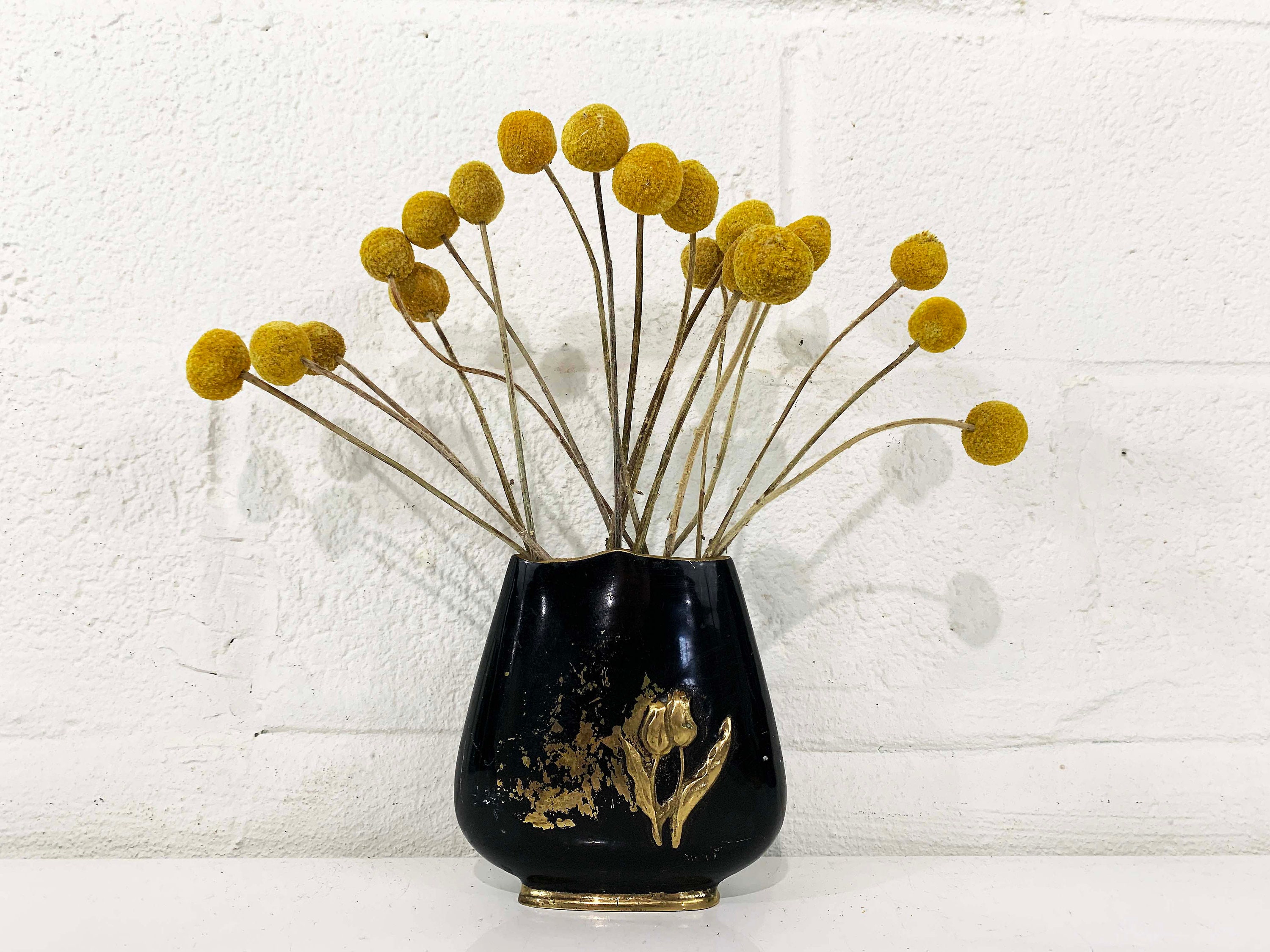 Vintage Painted Brass Vase Gold Black Floral Flower Flowers Planter Red Gold White Retro Kitsch