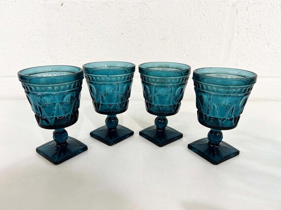 Vintage Park Lane Colony Wine Glasses Blue Square Pedestal Base Goblet Set of 4 Water Indiana Glass 1960s 1970s