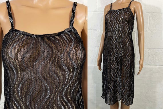 Vintage 90s Sparkly Black Slip Dress: Sleeveless Gold Silver Glitter Small