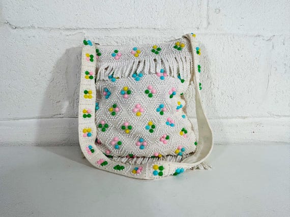 Vintage Beaded Handbag Rainbow Bead Purse Slouchy Colorful Tote Bag Emson Fringe Tassel 1960s