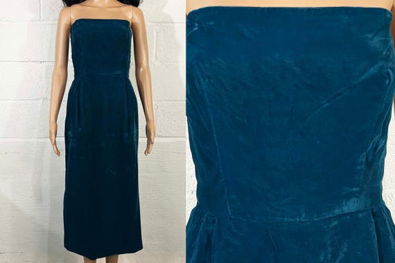 Vintage Teal Velvet Dress: Strapless 1960s Cocktail Party XS