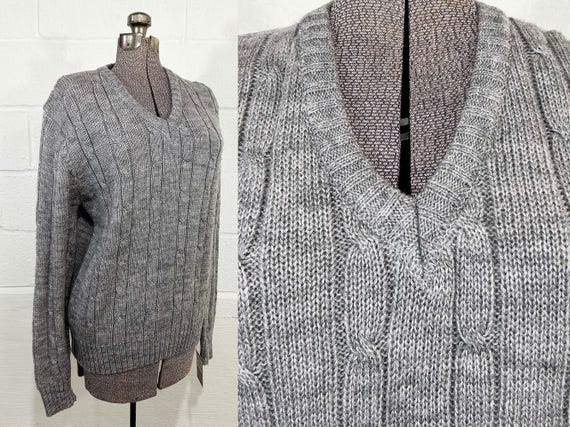 Vintage Gray Pullover Sweater Cable Knit V Neck Montgomery Ward Long Sleeve Grandpa Knit Minimal  1970s Large XL