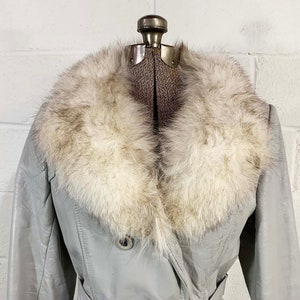 Vintage Grey Leather Belted Jacket Fur Collar Mod Boho Gray Mid-Length Trench Coat Button Front Penny Lane 1970s 1960s Medium image 3