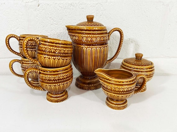 Vintage Royal Sealy Japan Coffee Set, Harvest Gold Teapot & Mugs