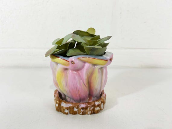Vintage Bird Planter Flamingo Pelican Kitschy Nursery Decor Baby Shower 1950s Made in Japan