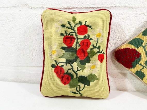 Vintage Strawberry Pillow Needlepoint Strawberries - Sold Individually - Throw Sofa Couch Small Mid-Century 1970s 1960s