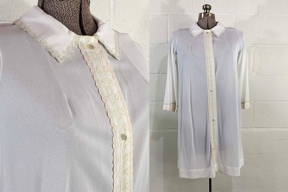 Vintage Nightgown Pajamas White Miss Elaine Rose Button Trim PJ Sleep Shirt Gown Sleepwear Dress 3/4 Sleeve 1960s Medium