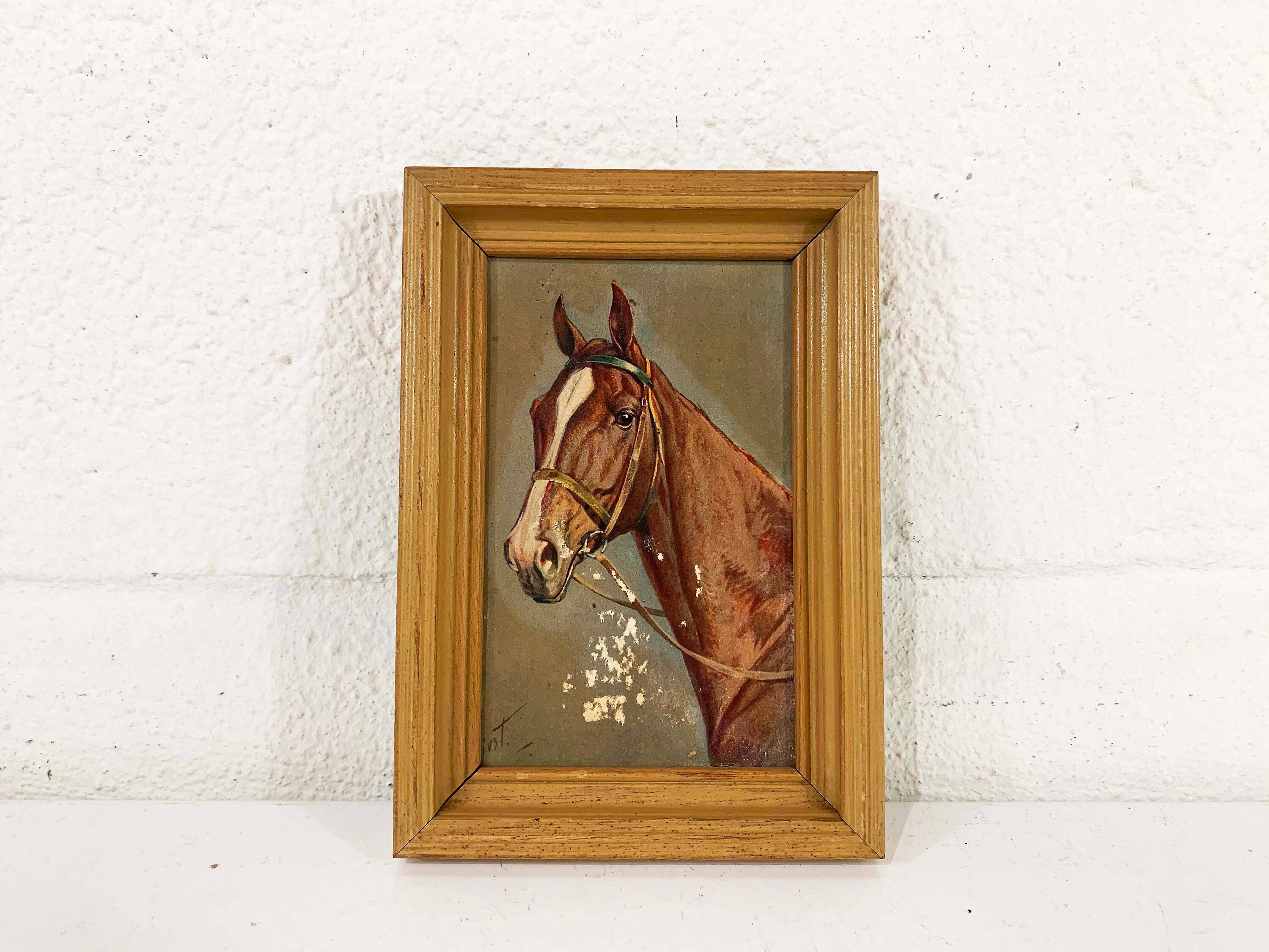 Vintage Framed Horse Print 3D Art Gray Green Brown Wood Frame