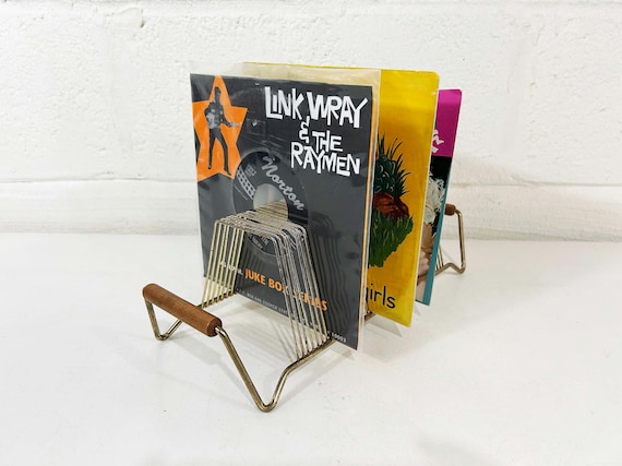 Vintage Record Stand 45 45RPM 7 Inch Storage Mid-Century Metal Wire Rack Gold Wood Mail Organizer