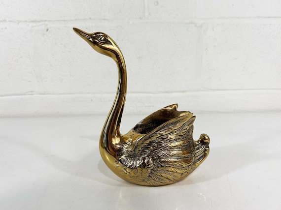 Vintage Brass Swan Bowl Planter Mid-Century Hollywood Regency Dopamine Decor 1970s