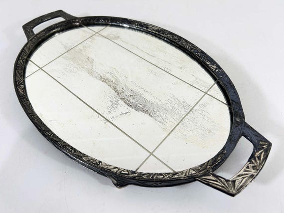 Vintage Art Deco Vanity Tray, Silver Dresser Mirror, PNCW 1930s