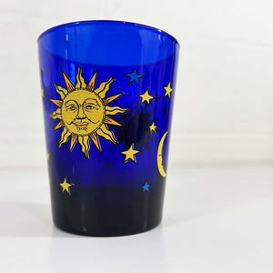 Vintage Cobalt Blue Celestial Glass Astrology Libbey Old Fashioned Rocks Yellow Gold Highball Bar Cart Glasses Lata 80. Lata 90. Gwiazda Księżyc Słońce