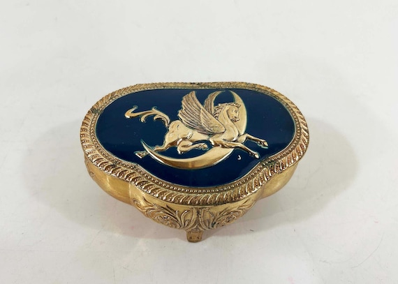 Vintage Pegasus & Moon Jewelry Box Art Nouveau Casket Valentine's Day Footed Storage Velvet Lining 1970s