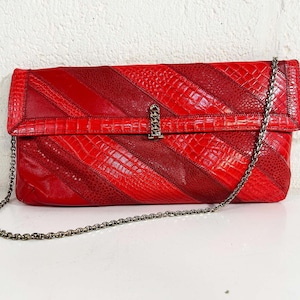 Bolso vintage rojo, bolso de hombro, bolso de mano, piel de serpiente de reptil, original, Caprice, pitón, clutch, patchwork, piel de serpiente, bolso de cadena, década de 1980