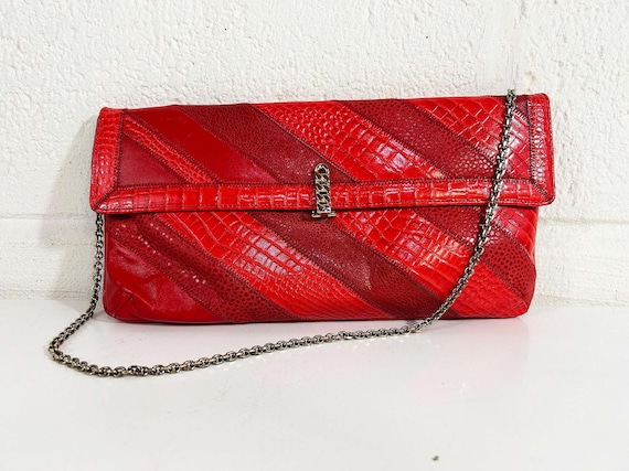 Vintage Purse Red Shoulder Bag Handbag Reptile Snake Skin Original Caprice Python Clutch Patchwork Snakeskin Leather Chain Purse 1980s 80s