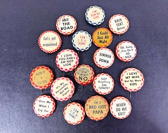 Vintage Novelty Pinback Button Brooch - Sold Individually - Funny Gag Gift 1940s 1950s Checkered Blue Red Mid Century