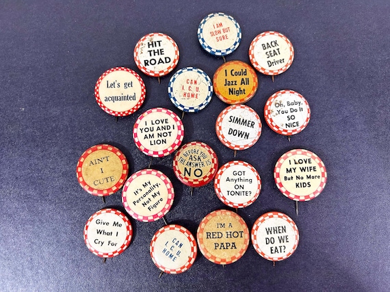 Vintage Novelty Pinback Button Brooch - Sold Individually - Funny Gag Gift 1940s 1950s Checkered Blue Red Mid Century