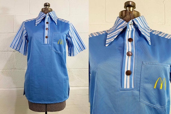 Vintage McDonald’s Uniform Polo Shirt 1976 Crest 1970s Baby Blue White Fast Food Restaurant Dead Stock NOS Deadstock 70s Medium