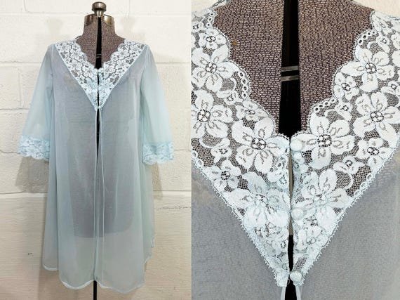 Vintage Vanity Fair Lingerie Baby Blue Pastel Peignoir Trapeze Robe Babydoll Nightgown Pajamas Sheer Sleepwear Jacket 1950s 1960s Large XL