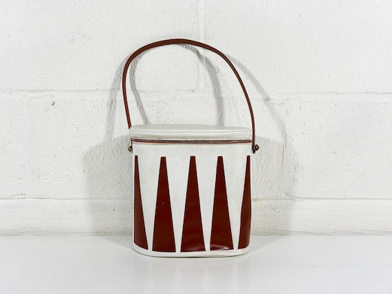 Vintage Mod Purse Brown White Geometric Bag 1960s 60s Handbag Purse Mid Century Structured Vinyl Lunch Box Aladdin Thermos Triangles