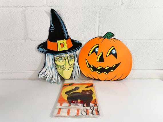 Vintage Halloween Party Decorations Table Cloth Tablecloth Crepe Paper Black Cat Pumpkin Witch Decoration 1980s Deadstock Jack O' Lantern