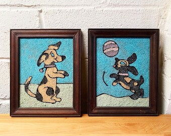 Vintage Dog Gravel Art Set of 2 Pair Framed Rock Pebble Mosaic Wood Frame Amateur Craft 1970s 1980s Handmade Homemade Crafting