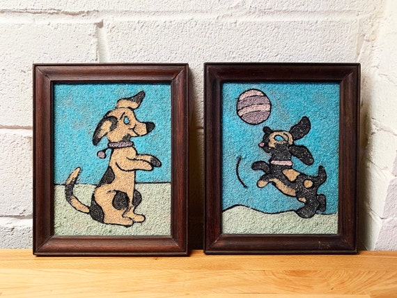 Vintage Dog Gravel Art Set of 2 Pair Framed Rock Pebble Mosaic Wood Frame Amateur Craft 1970s 1980s Handmade Homemade Crafting