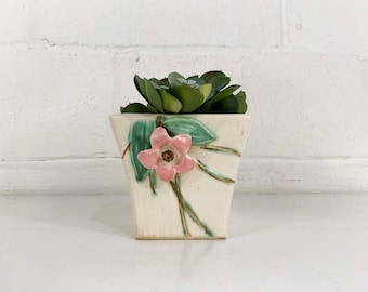 Vintage McCoy Planter Blossom Time Mid-Century 1940s 40s White Ceramic Planter Pink Hand Painted Square Vase