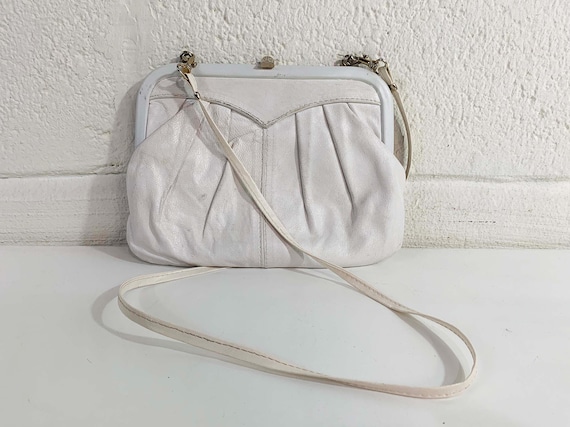 Vintage White Leather Shoulder Bag Purse Hobo Slouchy Handbag Italian Brass Gold Minimalist Made in Italy Crossbody 1980s 1990s