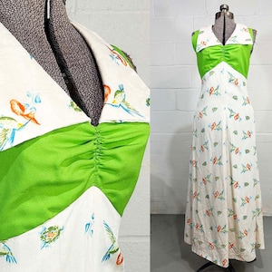 May include: A sleeveless floor-length dress featuring a bright green bodice with a ruched center and a white collar and skirt. The white sections are decorated with a repeating pattern of colorful hummingbirds, flowers, and small nests.
