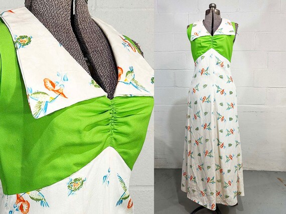 Vintage Sleeveless Hummingbird Print 1960s Green Tiki Maxi Luau Tropical Hostess Gown Empire Waist Dagger Collar Small