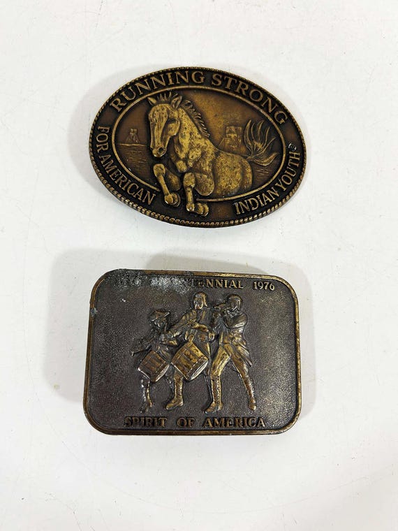 Vintage Large Metal Belt Buckle Golden Souvenir 1990s 1996 1970s 1976 Bicentennial Native American Indian Youth