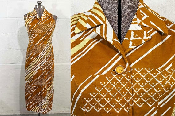 Vintage Geometric Sleeveless Dress Mustard Yellow 1960s Mod Maxi 60s Medium