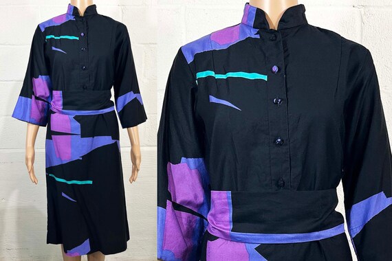 Vintage Catherine Ogust Dress Black Purple Pink Geometric Abstract Print Penthouse Gallery 3/4 Sleeve Op Art 1970s Medium