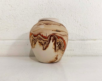 Vintage Nemadji Art Pottery Vase Swirl Handmade USA Flower Orange Brown Swirl Vanity Mid-Century Modern White Beige 1970s