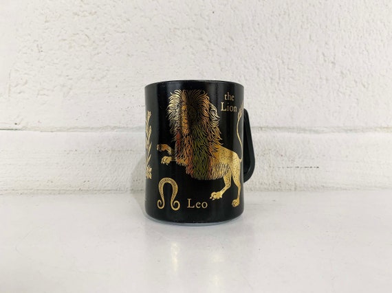 Vintage Leo Mug Zodiac Horoscope Astrology Coffee Tea Lion Black Gold Federal Milk Glass Kitsch Kawaii Celestial Ovenware 1970s