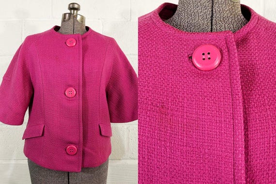 Vintage 1960s Cropped Jacket Braetan Juniors Barbie Pink Wool Blend Blazer Boxy Short Sleeve Coat Large Buttons Suit 60s Union Medium