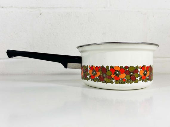 Vintage Flower Power Enamel Cookware Pan Floral Flowers Kitchen Home Retro Kitsch Kitschy 1970s