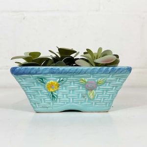 Vintage Basketweave Teal Blue Planter Mid-Century Pottery Pot Mid Century 1950s