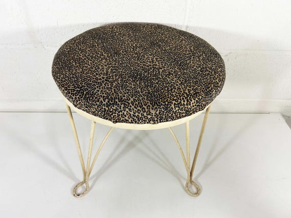 Vintage Leopard Print Vanity Seat Footstool Ottoman Mid-Century Metal Legs Mid Century 1960s