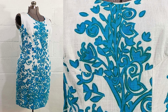 Vintage Linen Dress Painted Aqua Blue White Floral 1960s 60s Sleeveless Wedding Bridesmaid Wiggle Cocktail Loomskill Medium
