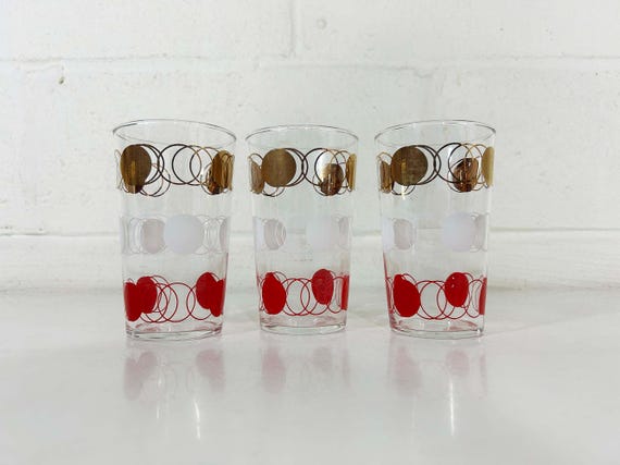 Vintage Federal Glass Tumblers: Atomic Red White Gold Bar Set