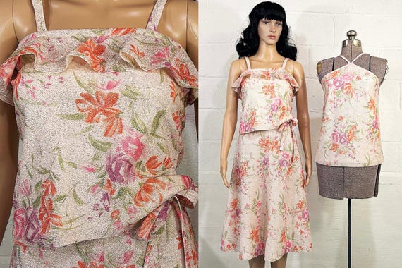 Vintage Floral Sparkly 3 Piece Set Outfit Skirt Sleeveless Top Tank Halter Handmade Separates Pink Formal Prom Party 70s 1970s XS XXS