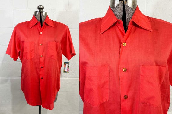 Vintage Salmon Button Front Shirt Century by Van Heusen Short Sleeve Red Pink 1960s XL Large