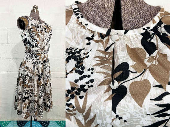 Vintage Floral Dress Lady Carol of New York White Black Brown Sleeveless Midi Tie Belt 1970s Medium