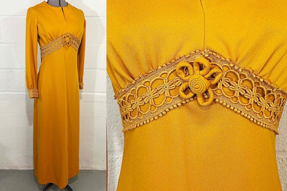 Vintage Mustard Yellow A-Line Maxi Dress 1960s Empire Waist Mod Twiggy Long Sleeve Small Medium