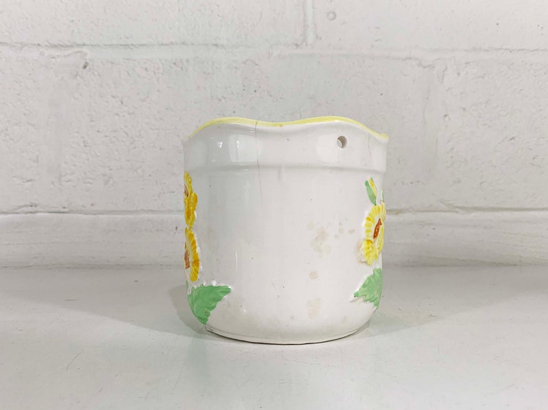 Vintage White Ceramic Hanging Planter Airplant Holder Floral Basket 1970s Flowers Yellow Air Plant Mid-Century Product MCM image 6