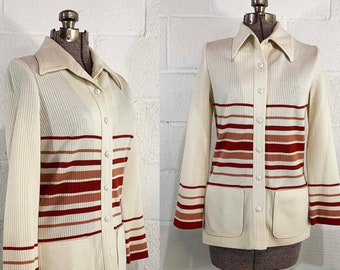 Vintage 70s Striped Cardigan Sweater Long Sleeve Button Front Butte Ribbed Knit Twin Peaks Red Stripe Ivory 1970s Small Medium