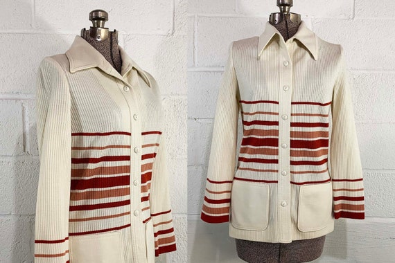 Vintage 70s Striped Cardigan Sweater Long Sleeve Button Front Butte Ribbed Knit Twin Peaks Red Stripe Ivory 1970s Small Medium