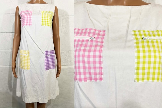 Vintage Gingham House Dress White Pink Purple Yellow Green Pockets 1960s Sleeveless A-Line Medium